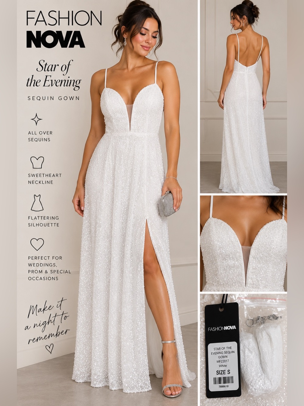 Fashion Nova White Sequin Sweetheart Evening Gown